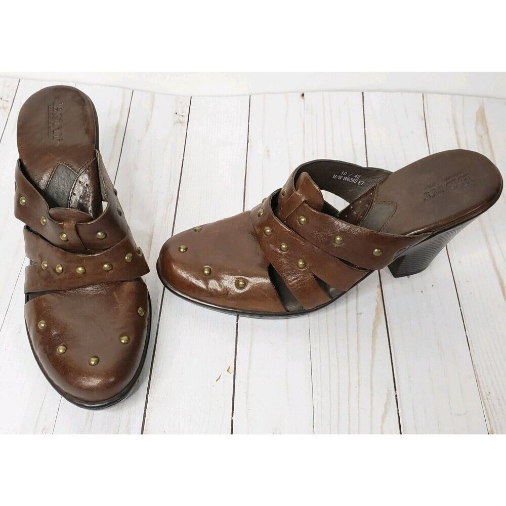 Born Strappy Studded Mule Heels Women size 10 Brown Leather